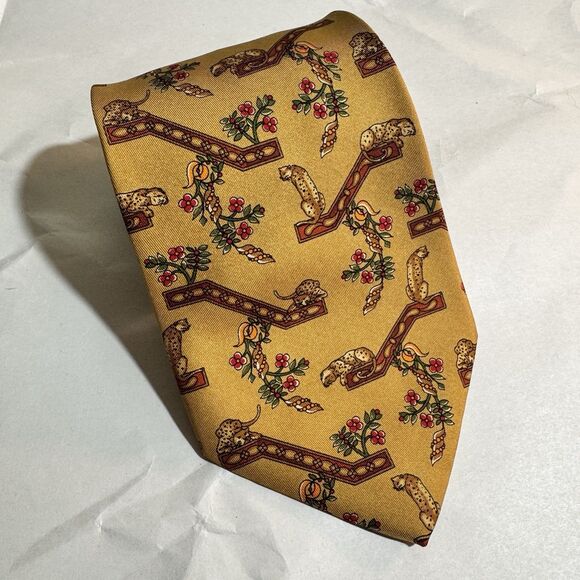 Salvatore Ferragamo 100% Silk Tie Gold w/ Leopard/Floral Print Italy 58"x3.5" - Picture 1 of 6